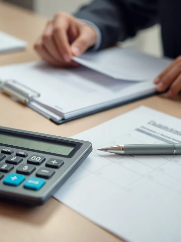 Professional desk with calculator, documents and a pen, orga
