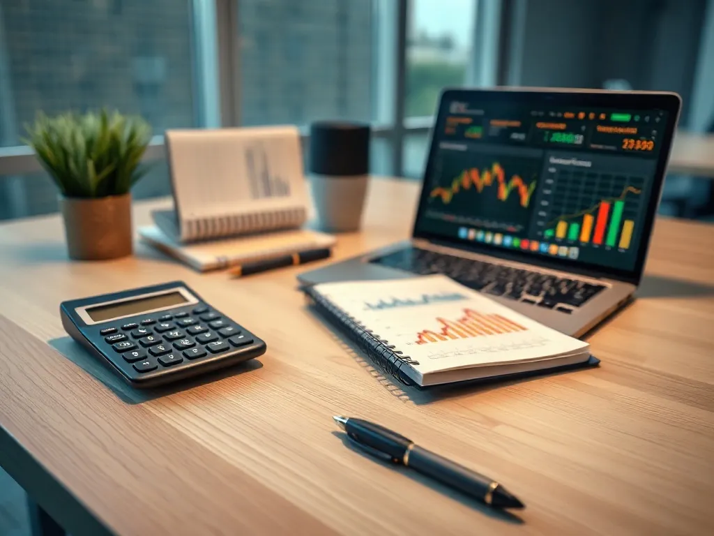 A clean, modern office desk with a calculator, a notebook wi